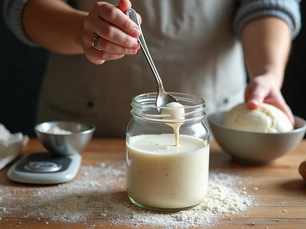 Mixing flour and water to begin a sourdough starter