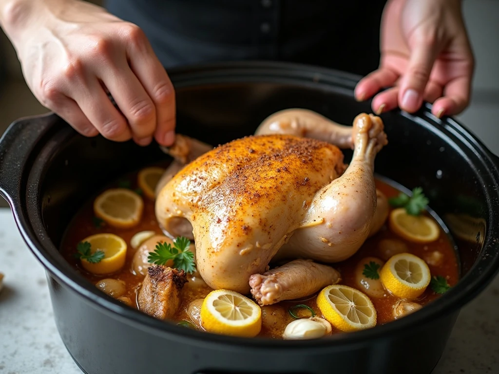 Seasoned chicken placed over aromatics in a slow cooker