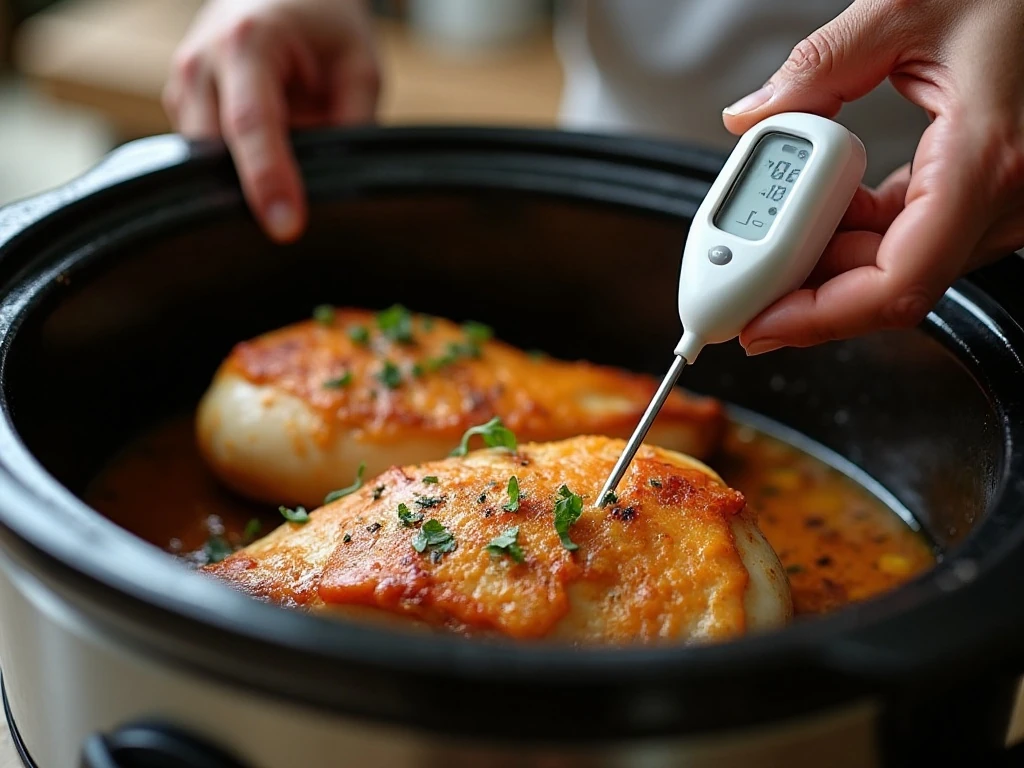 Checking the chicken temperature with an instant-read thermometer