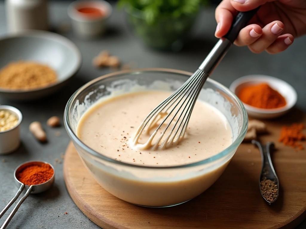 Whisking ingredients together to make Alabama white barbecue sauce