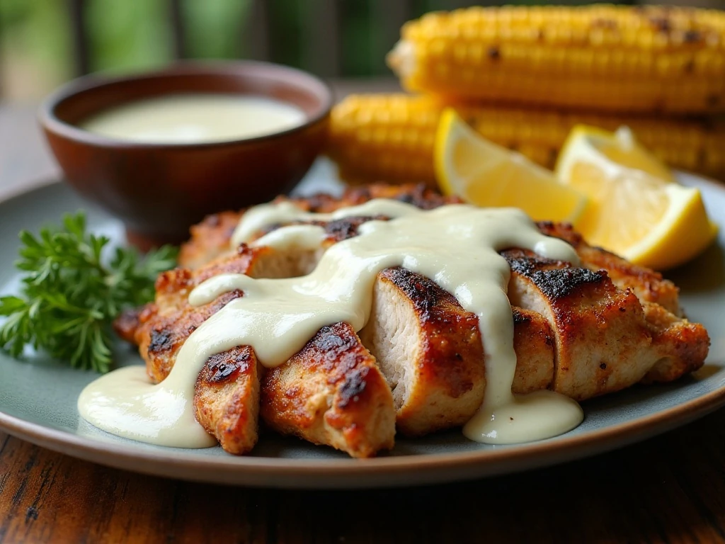Alabama white sauce drizzled over grilled chicken