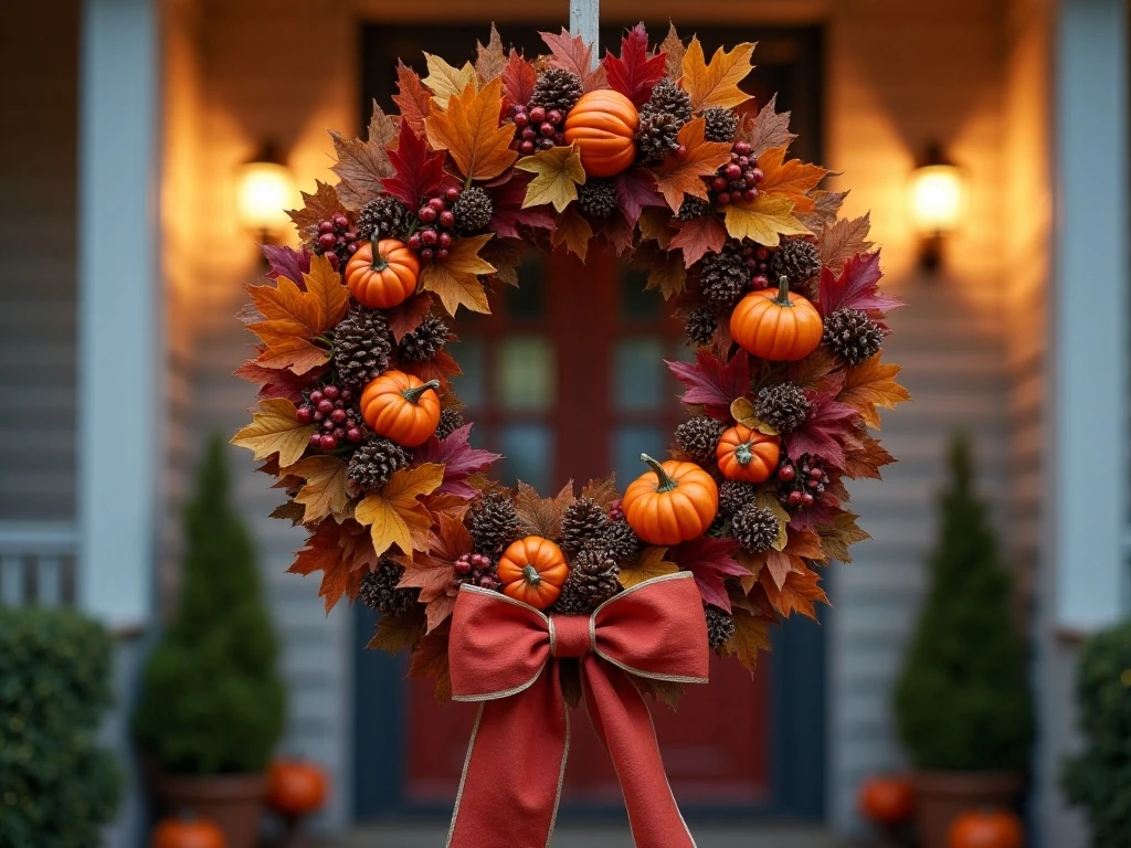 Finished DIY fall wreath hanging on a front door