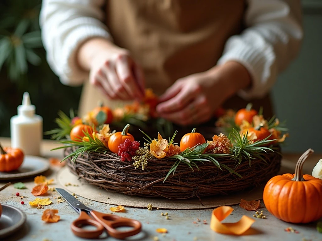 Arranging foliage and decorations on a fall wreath form