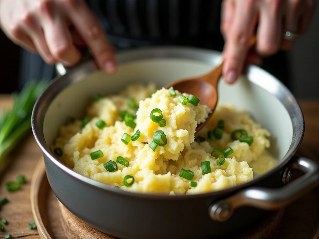 Folding cooked cabbage into mashed potatoes for colcannon