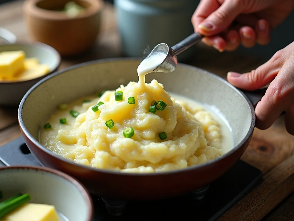 Gently mashing potatoes for a creamy colcannon texture