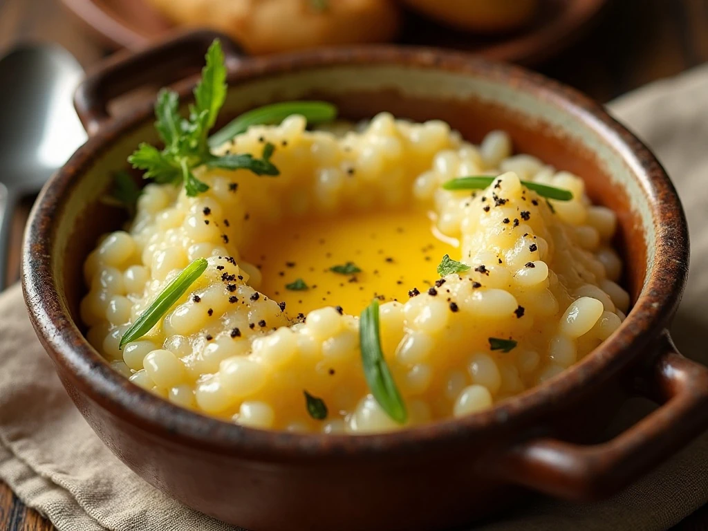 Close-up of colcannon topped with a melted butter well