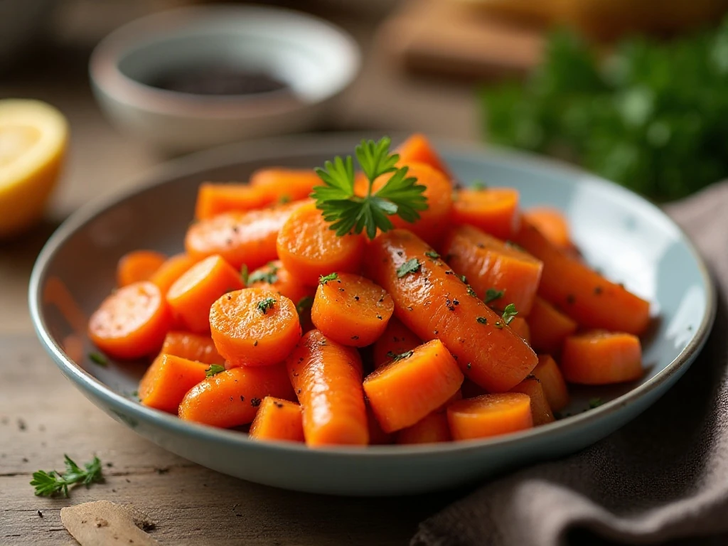 Tender boiled carrots with butter, parsley, and black pepper