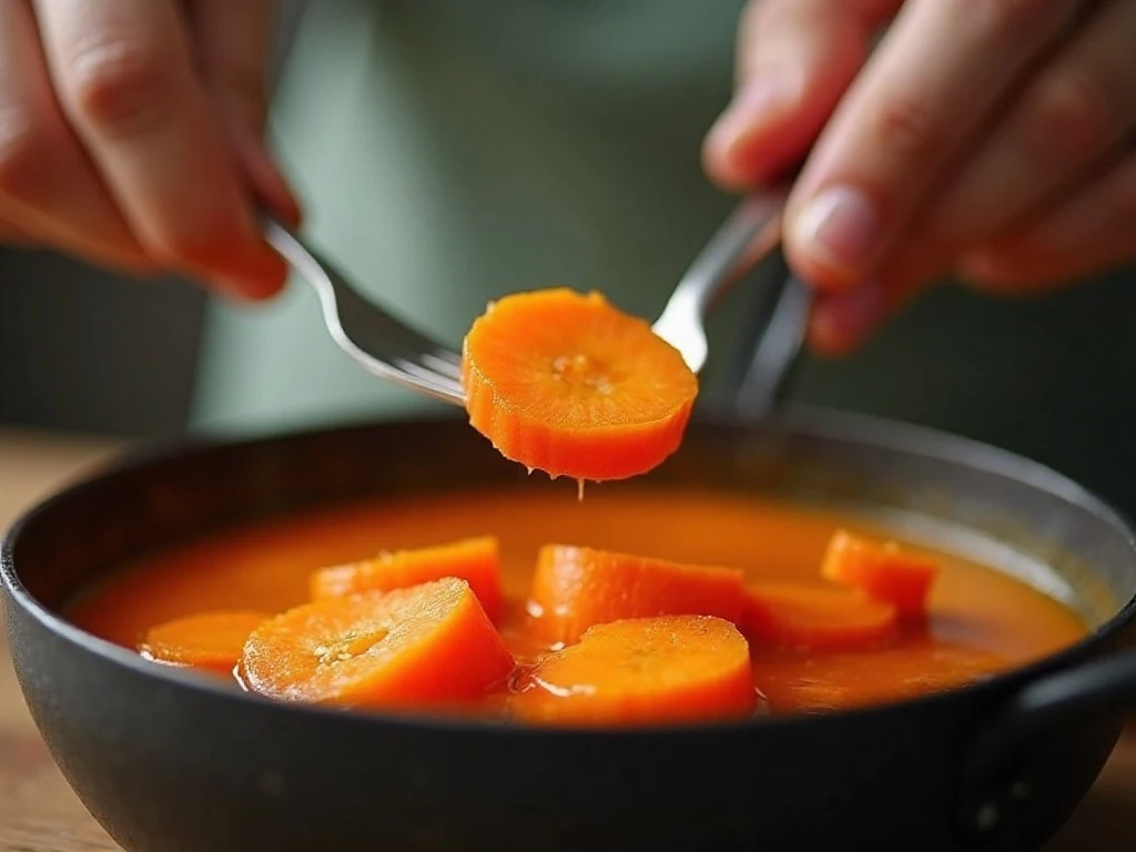 Testing boiled carrots for fork-tender doneness