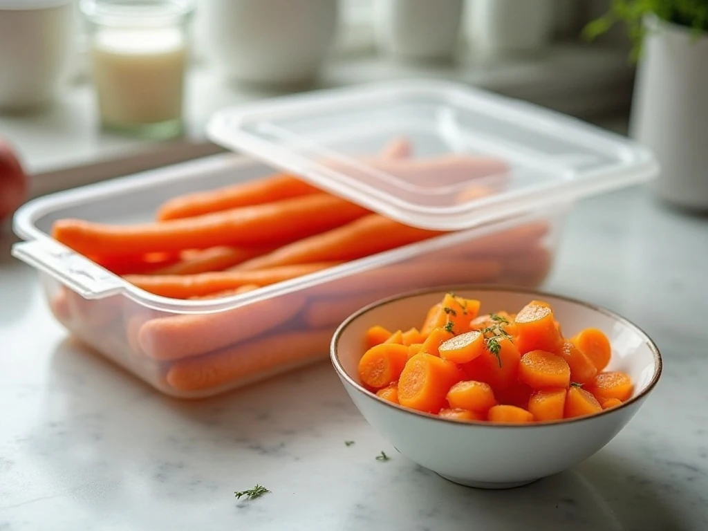 Cooked carrots prepared for storage and reheating