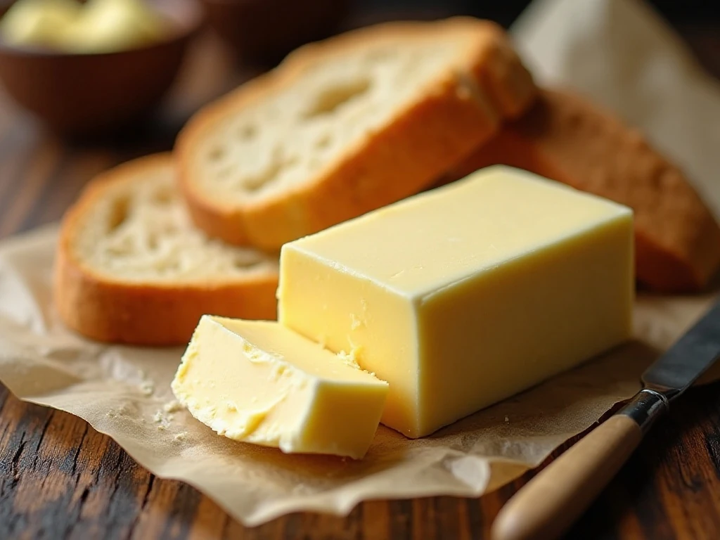 Wrapped homemade butter and butter spread on warm bread
