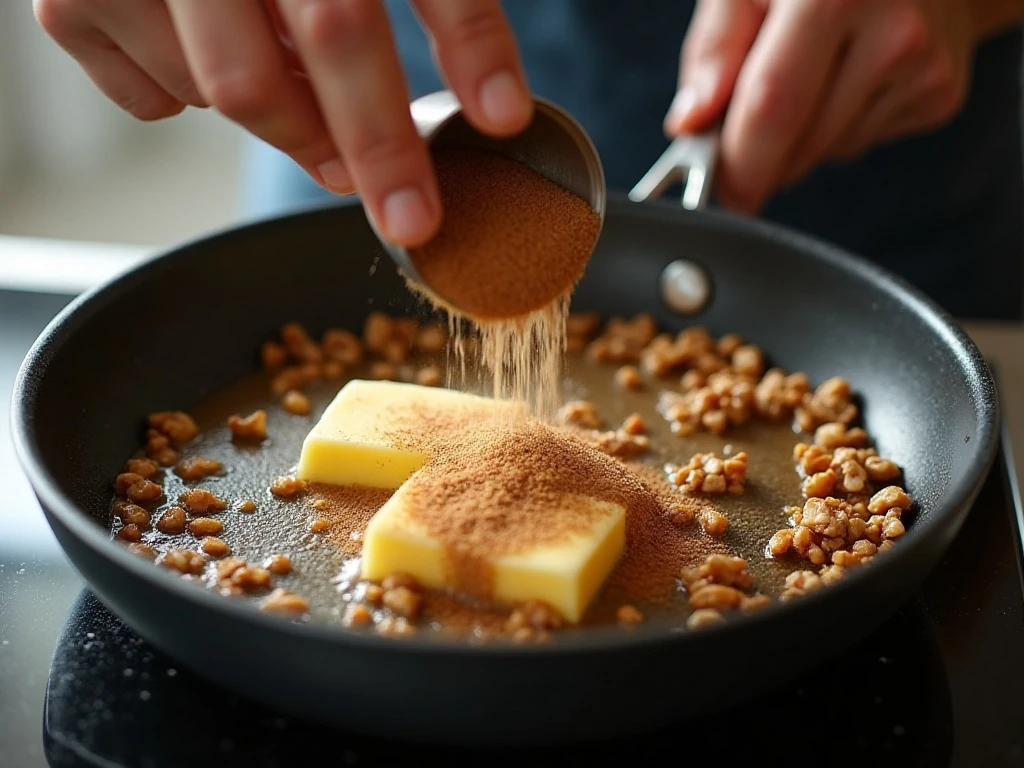 Walnuts cooking in a skillet with butter and cinnamon sugar