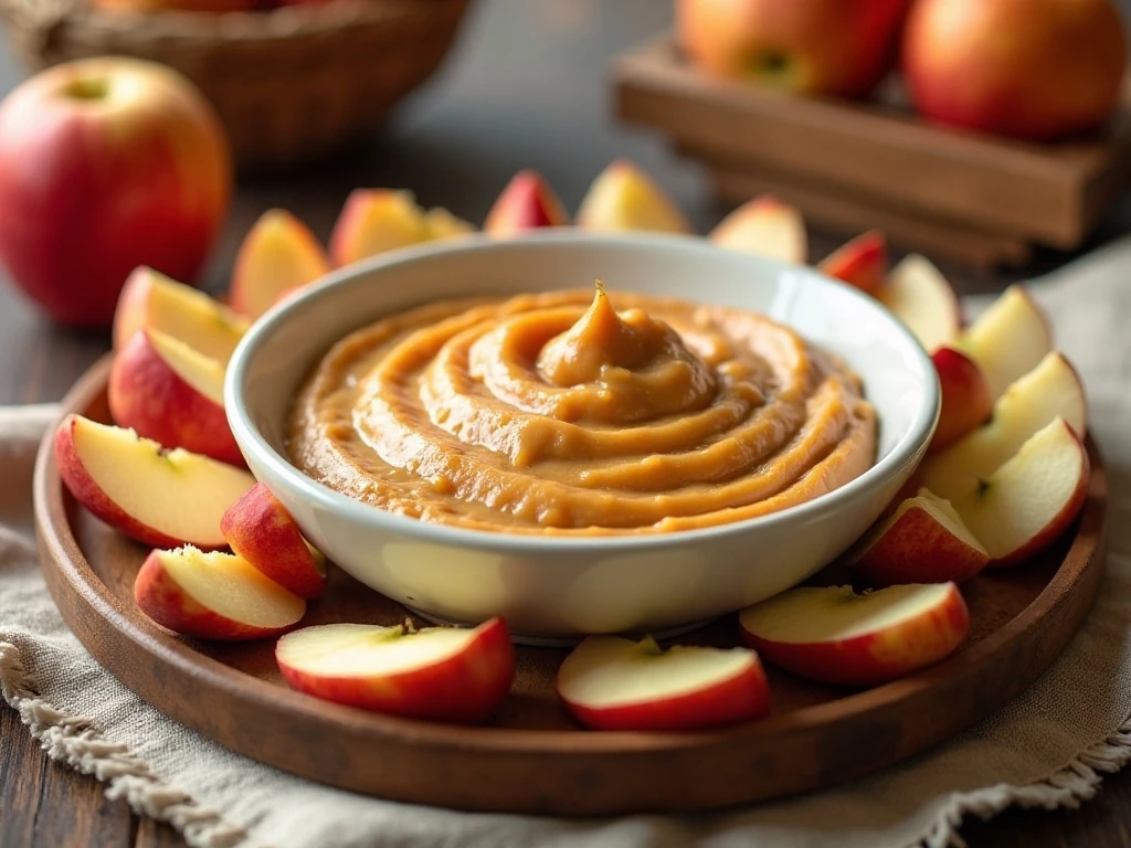 Creamy caramel apple dip surrounded by sliced apples