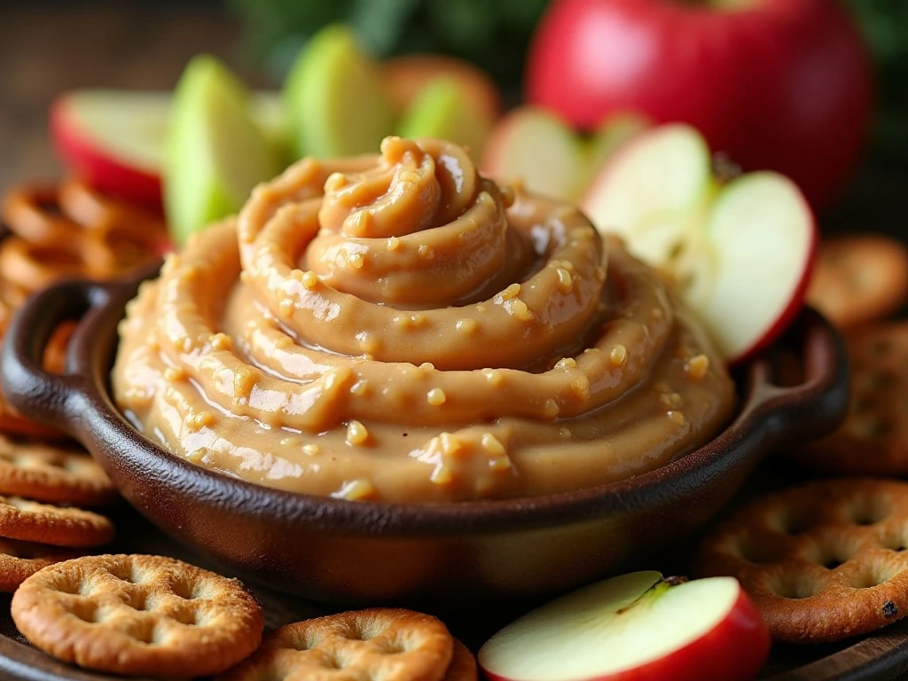 Caramel apple dip served with apples, graham crackers, and pretzels