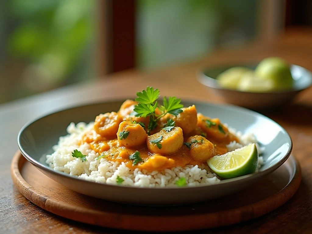 Creamy chicken curry served over white rice with cilantro