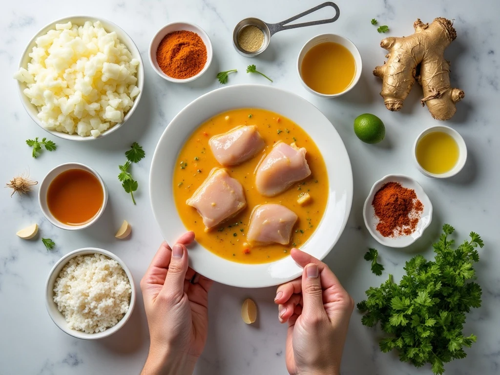 Ingredients for quick coconut chicken curry arranged for cooking