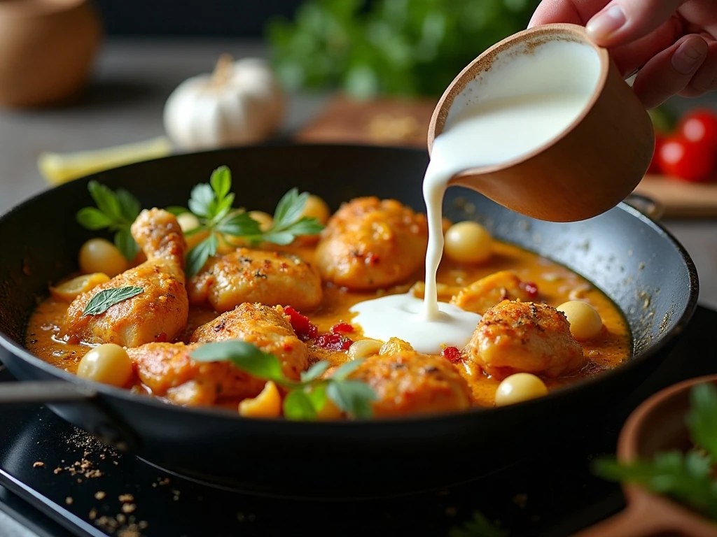 Chicken and aromatics cooking in a skillet for curry