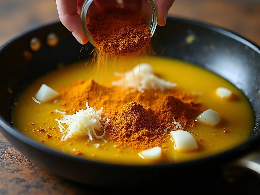 Curry spices blooming with onion garlic and ginger in a skillet