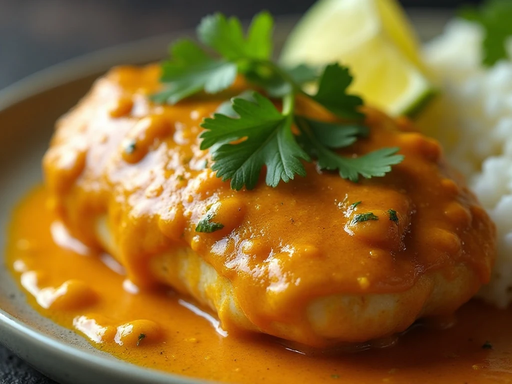 Close-up of tender chicken in creamy coconut curry sauce with cilantro