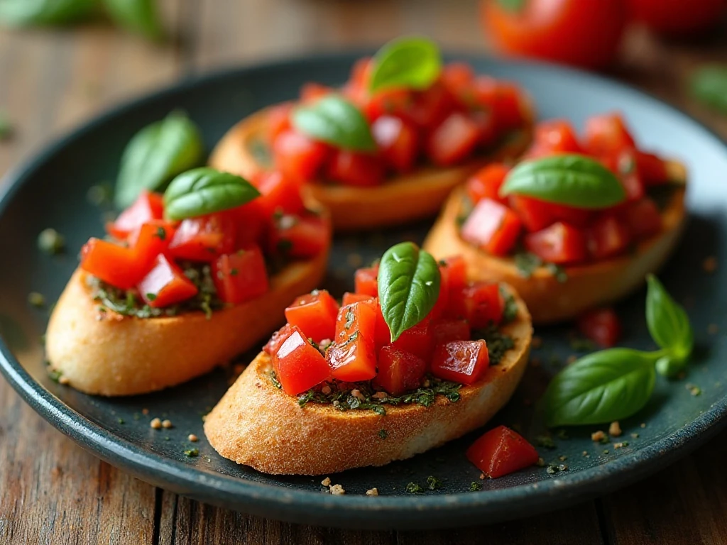 Platter of fresh classic bruschetta with tomatoes and basil