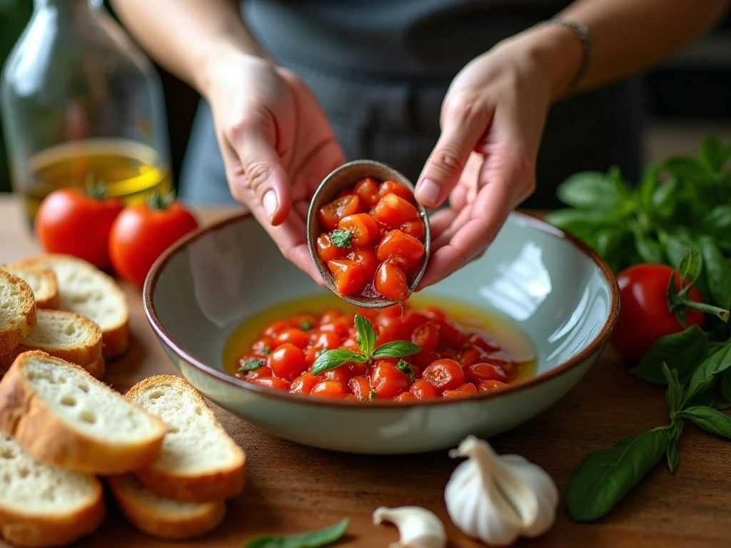 Preparing the tomato topping and bread for bruschetta