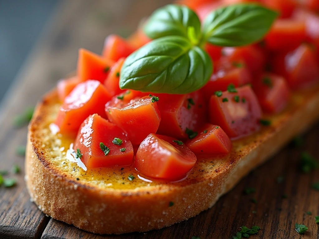 Close-up of crisp bruschetta topped with diced tomatoes and basil