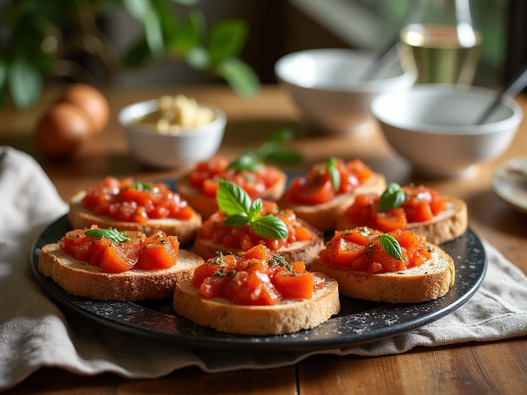 Classic bruschetta arranged for an appetizer spread
