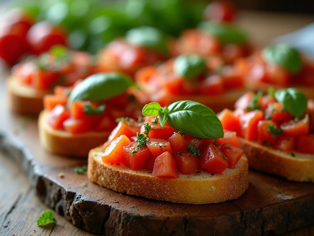 Platter of fresh classic bruschetta with tomatoes and basil