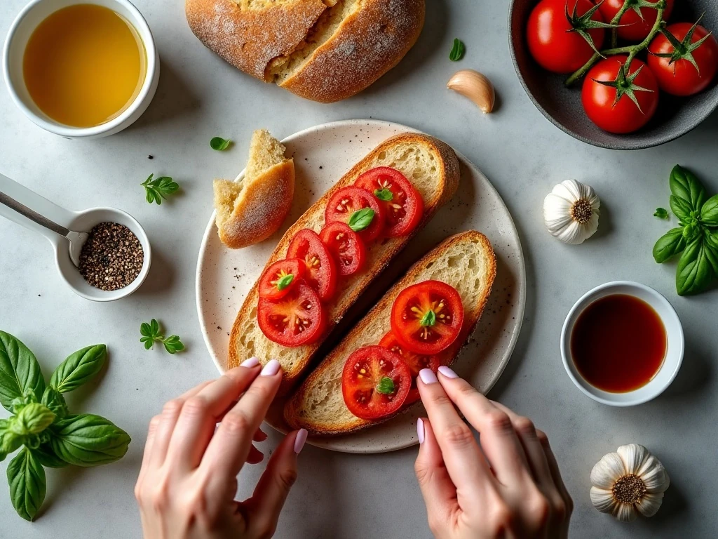 Ingredients for classic tomato bruschetta arranged on a counter