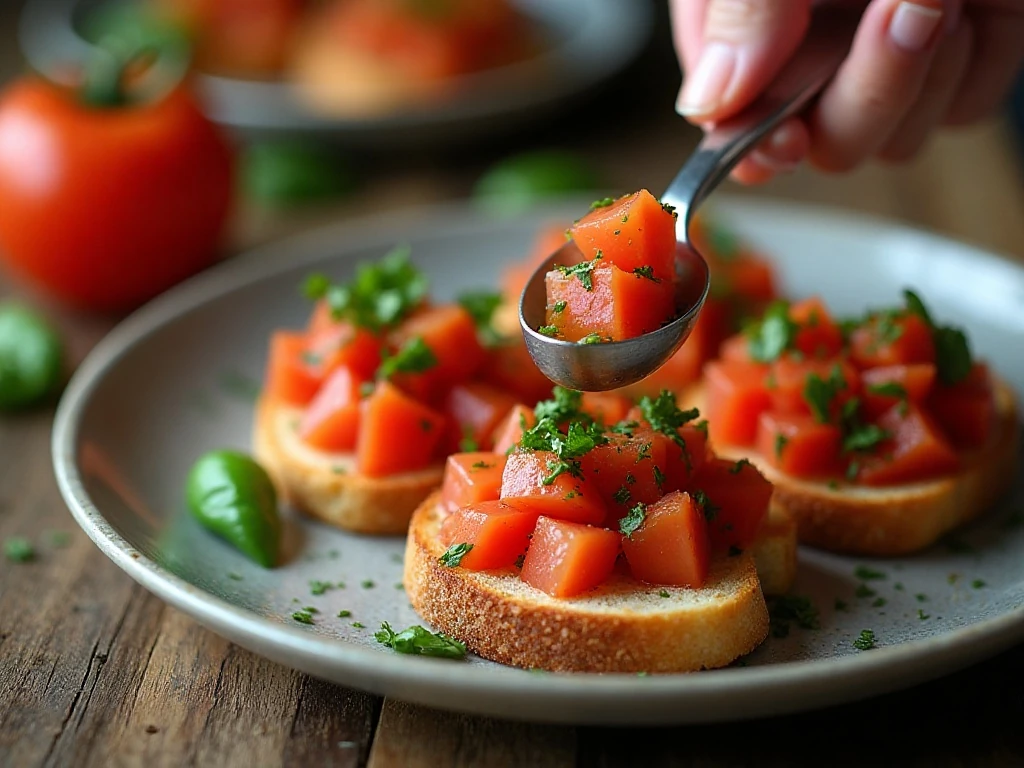 Adding tomato topping to toasted bread for bruschetta