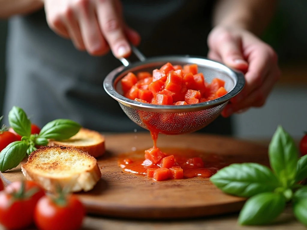 Draining diced tomatoes to keep bruschetta bread crisp
