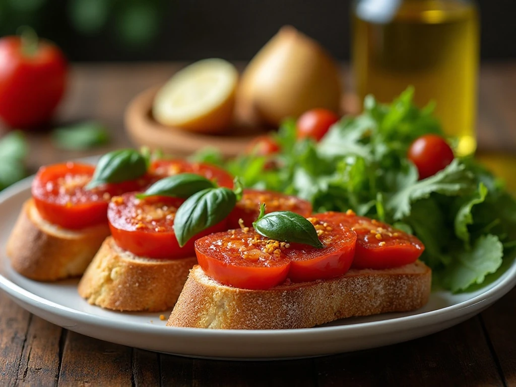 Classic bruschetta served as part of an appetizer spread