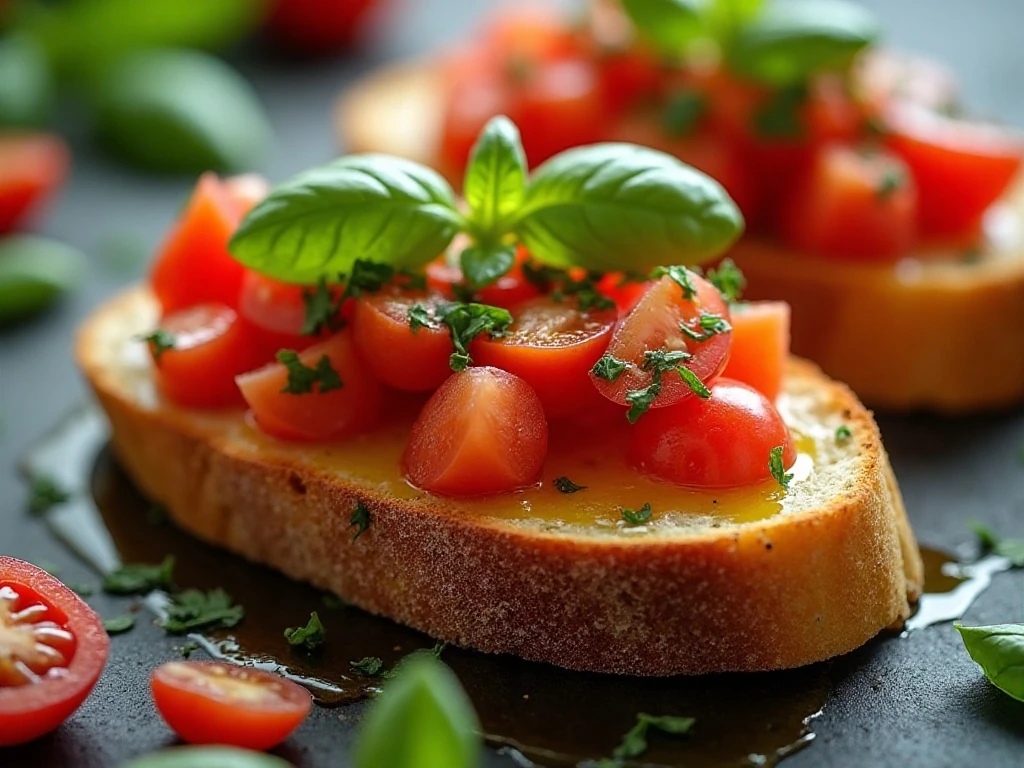 Close-up of tomato basil bruschetta with olive oil garnish