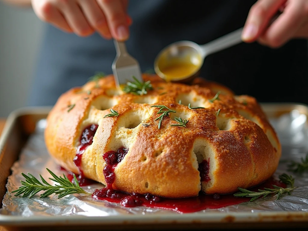 Adding rosemary butter to stuffed sourdough bread
