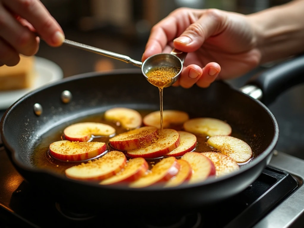 Apple slices cooking in butter and spices in a skillet