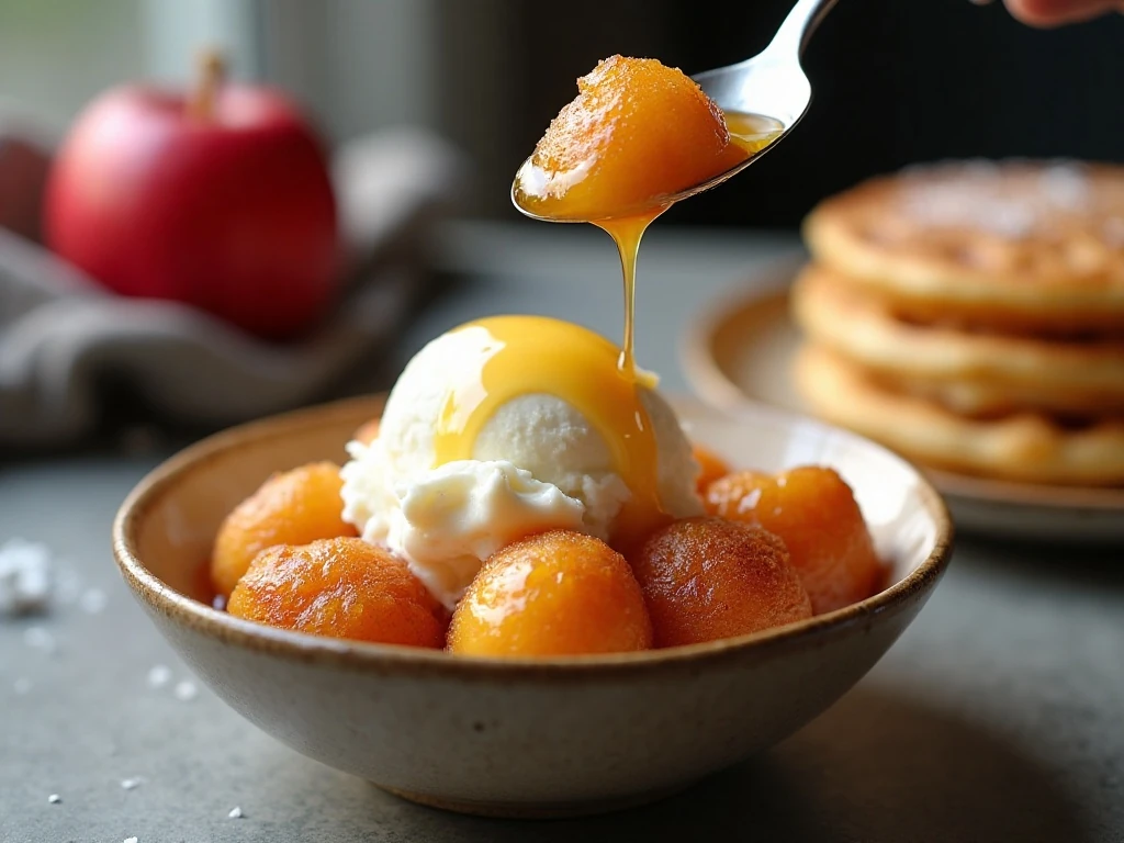Fried apples served with vanilla ice cream