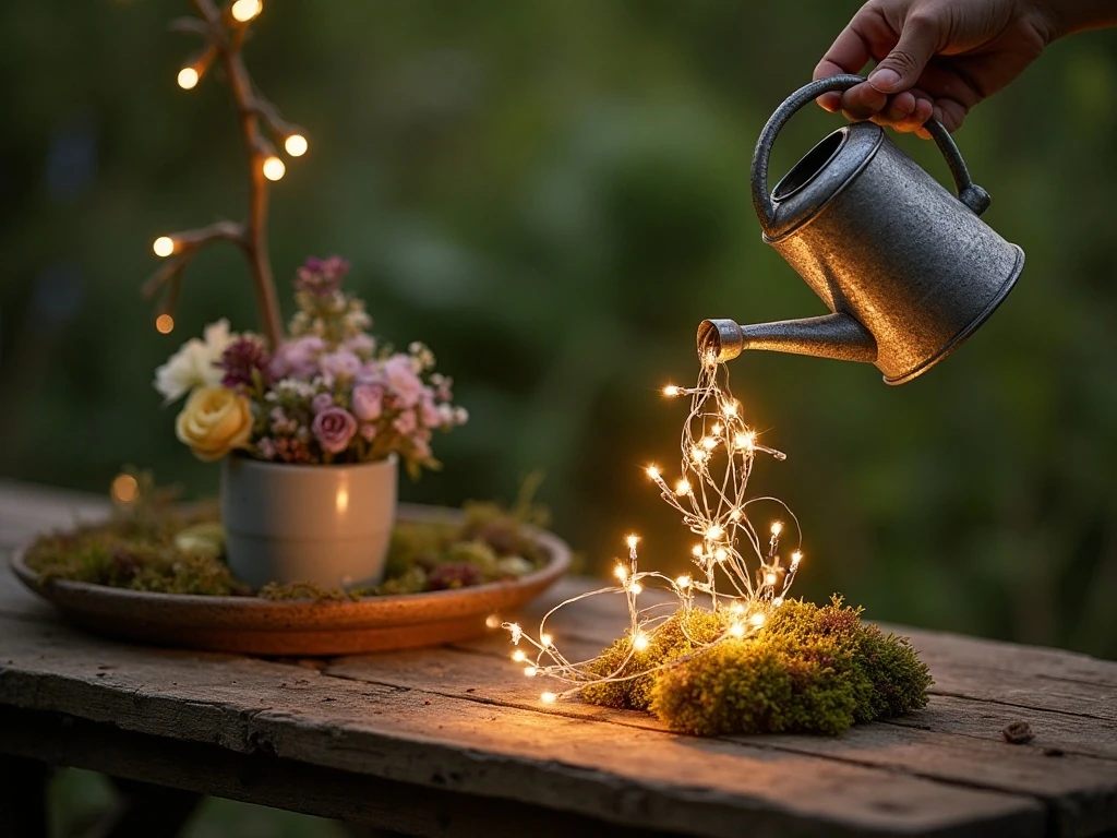 Finished fairy light pouring watering can glowing on a garden table