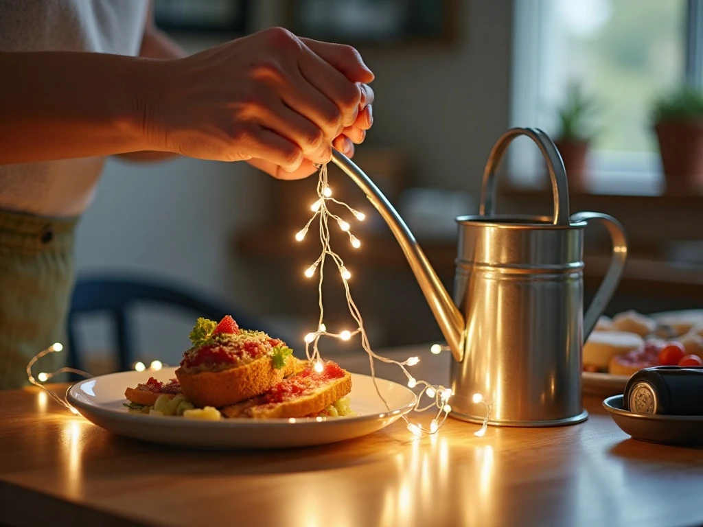 Guiding fairy lights through the watering can spout