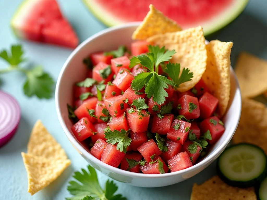 Fire and Ice Watermelon Salsa served with tortilla chips