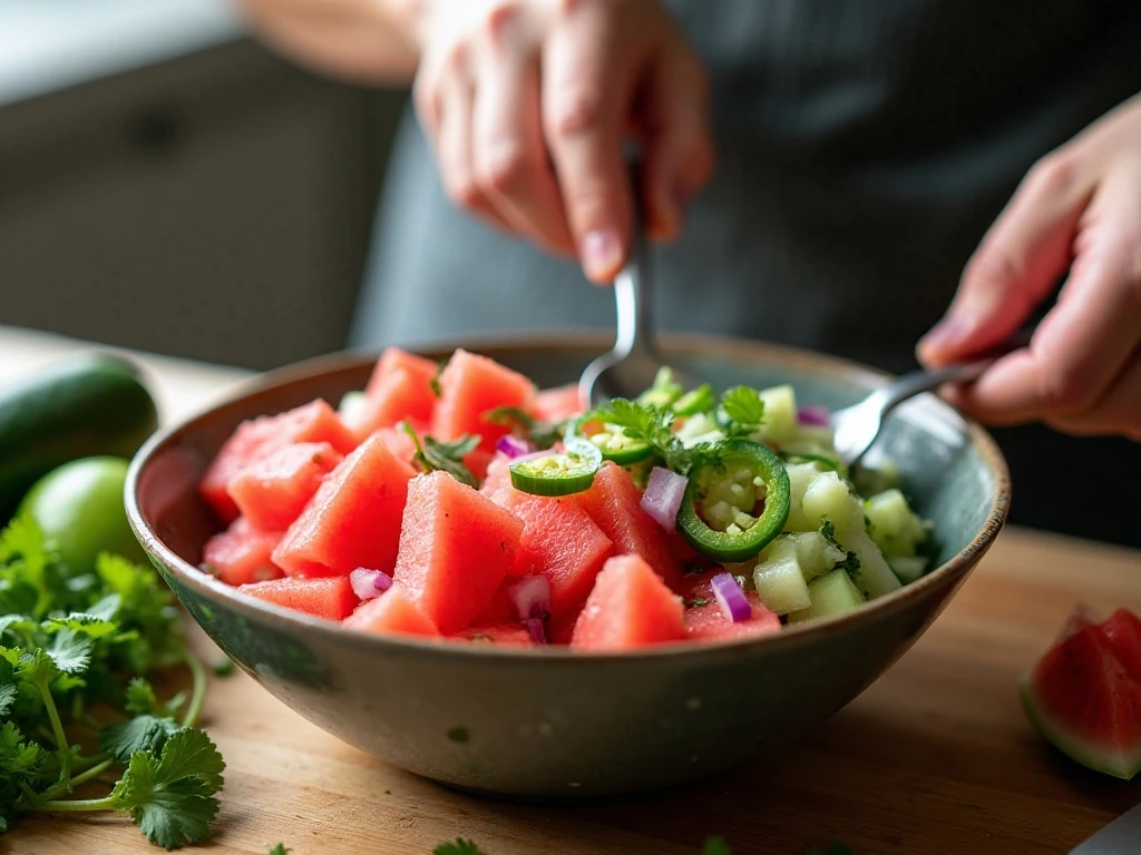Gently mixing watermelon salsa ingredients