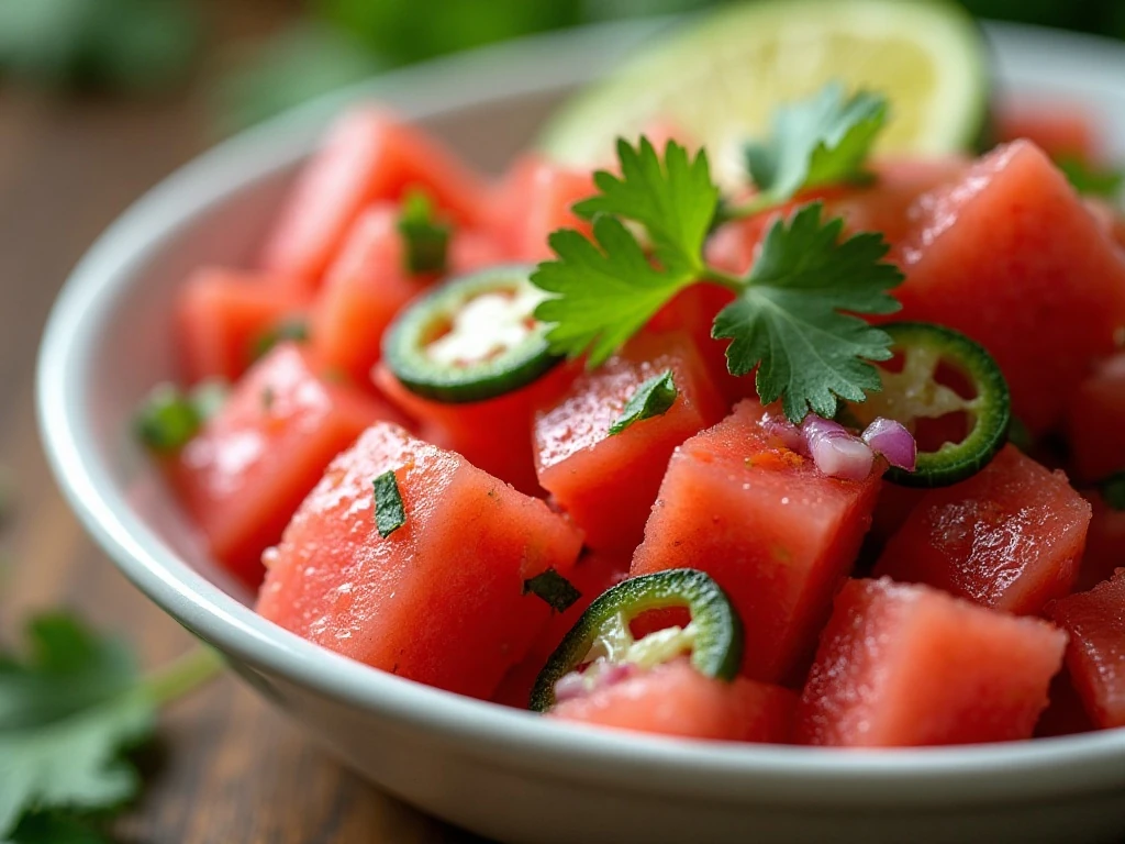 Close-up of fresh watermelon salsa texture and garnish
