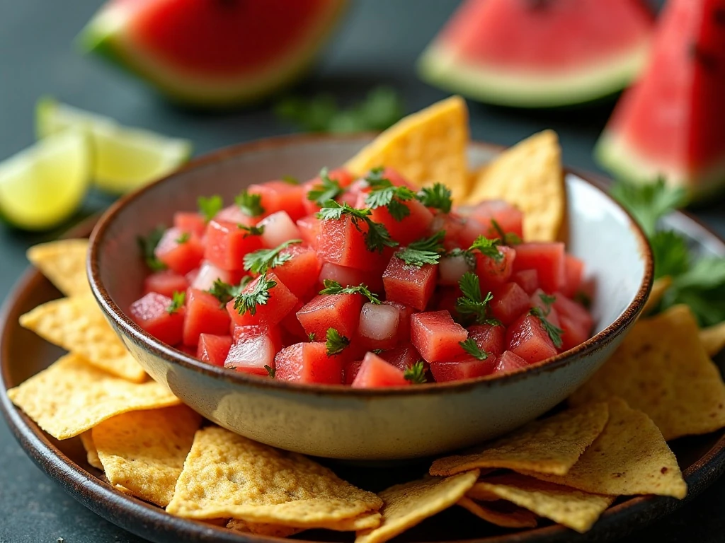 Watermelon salsa appetizer spread with tortilla chips
