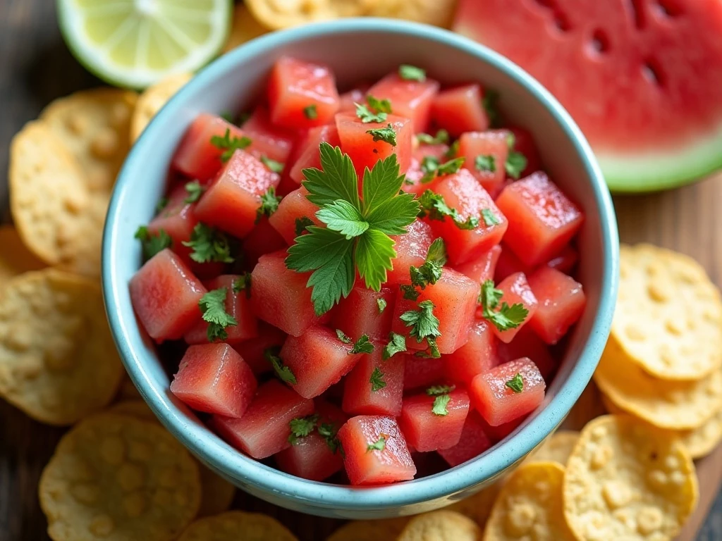 Colorful fire and ice watermelon salsa served with tortilla chips