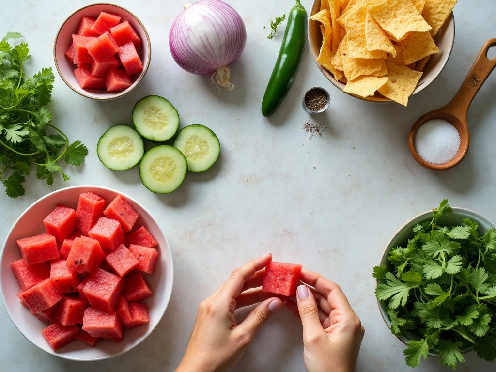 Ingredients for watermelon salsa arranged for preparation