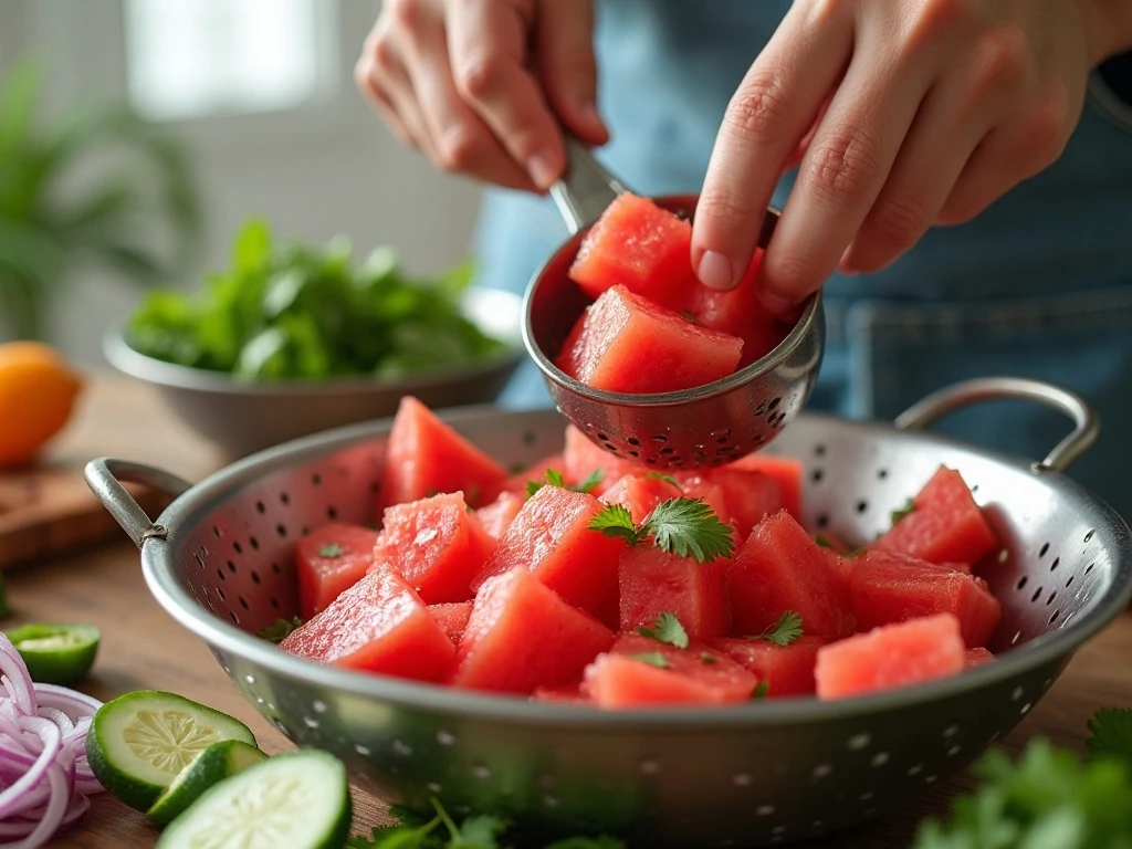 Diced watermelon draining before making fresh salsa