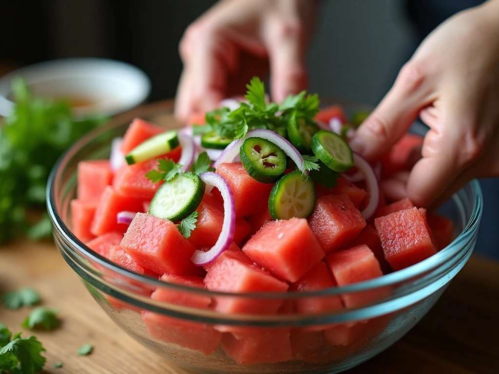 Fresh salsa ingredients being gently mixed for the best texture
