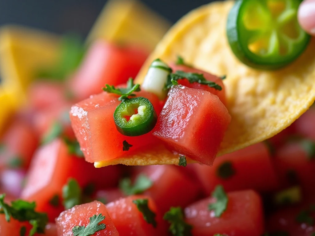Tortilla chip scooping fresh watermelon salsa with lime and cilantro