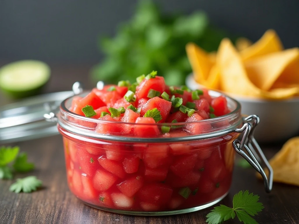 Watermelon salsa prepared for chilling and serving