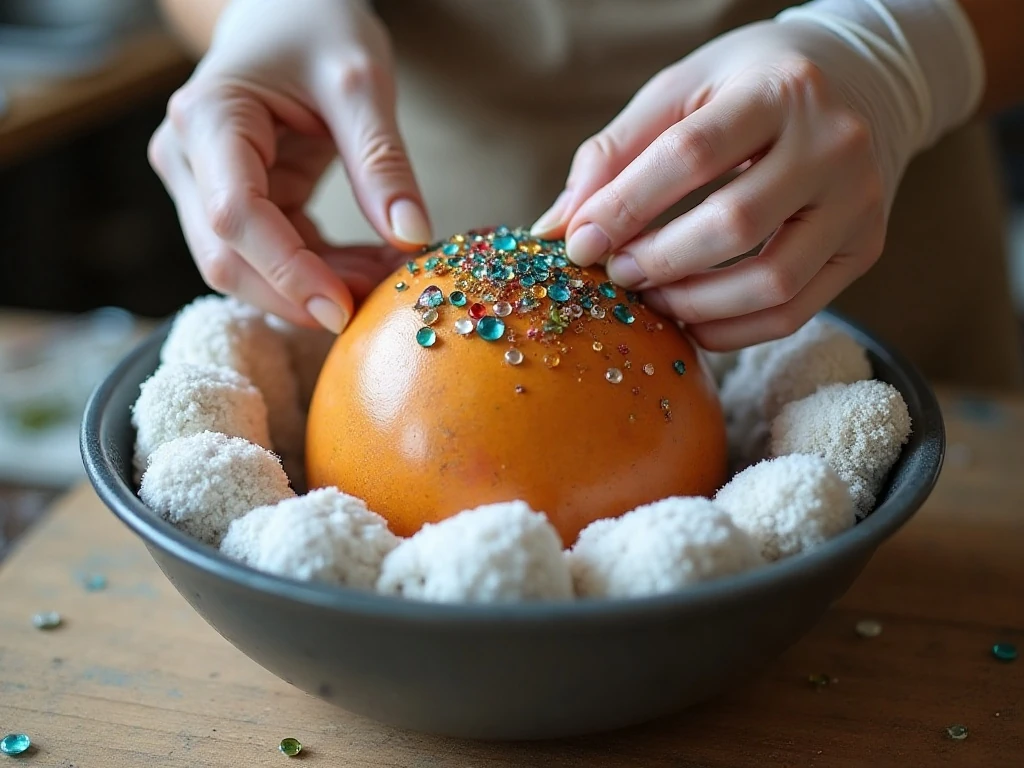 Placing glass gems on a bowling ball for a garden gazing ball