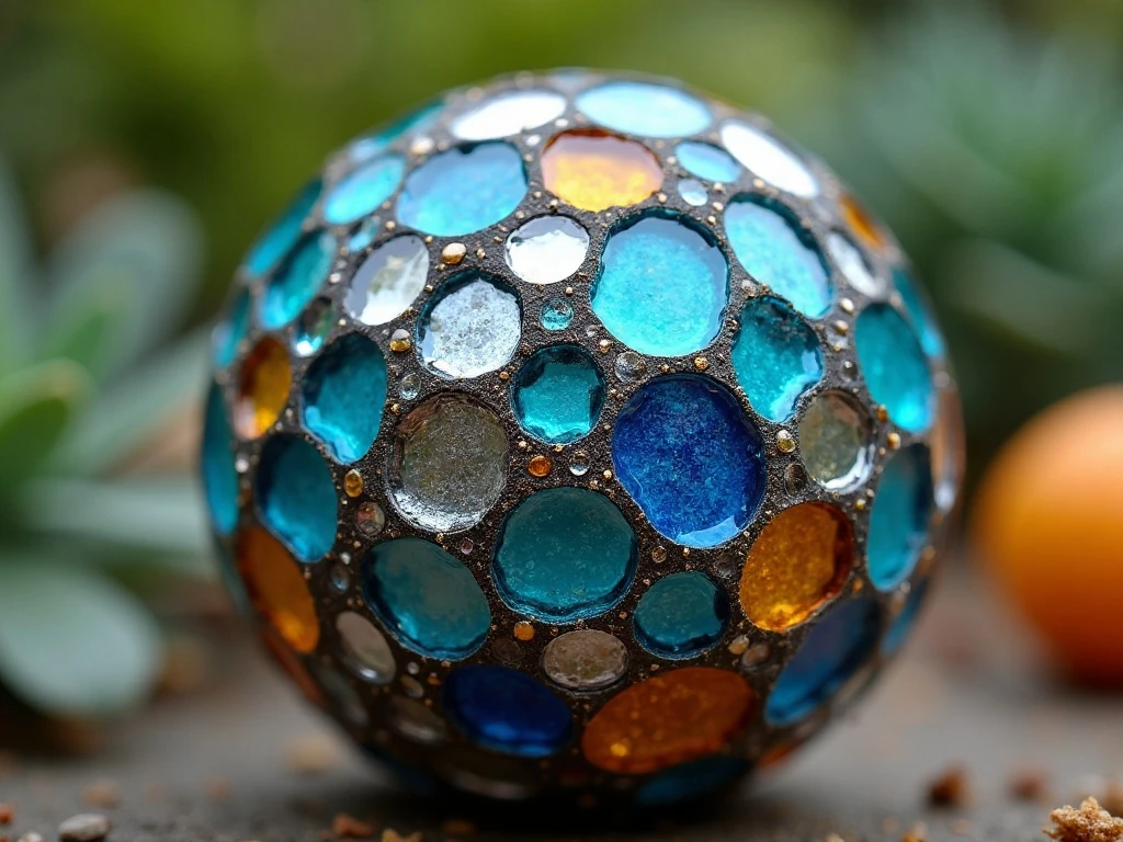 Colorful glass mosaic design and grout lines on a gazing ball