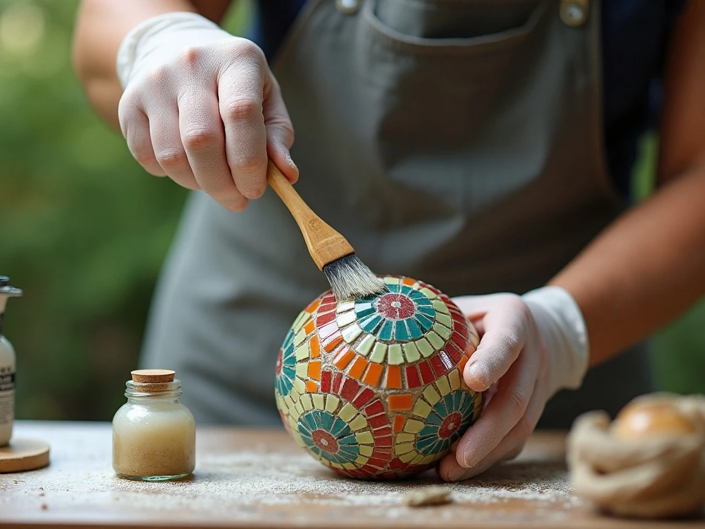 Sealing the grout on a weather-ready garden gazing ball